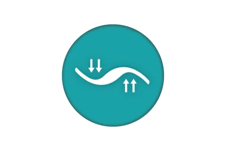 A circular teal icon featuring a white, wavy line in the center, flanked by upward and downward arrows. The design symbolizes movement or fluctuation, suggesting a concept related to changes in direction or levels.