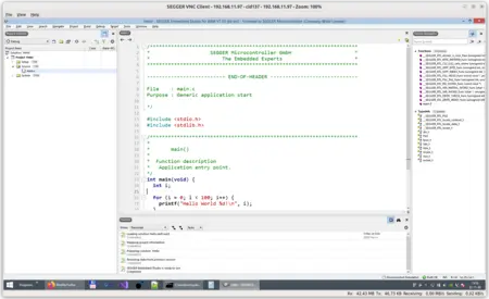 A computer screen displays a code editor with the C programming language. The visible code includes the standard input/output library and a main function that features a loop printing "Hello World" followed by an integer from 0 to 99. Output and project information are also shown.