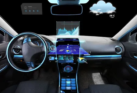A futuristic car interior features a digital dashboard with augmented reality displays. Displays show speed, navigation maps, and weather information. The steering wheel has controls, and ambient lighting enhances the modern design. The dashboard highlights various data graphics for driving assistance.