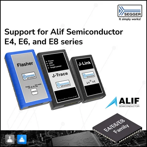 Image featuring three SEGGER programming tools: Flasher, J-Trace, and J-Link, labeled with their functions. The background includes a circuit design and the Alif Semiconductor logo, emphasizing support for the Alif Semi E4, E6, and E8 series.