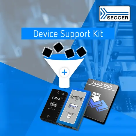Image shows a "Device Support Kit" from SEGGER, featuring various hardware tools like J-Link and Flasher, alongside graphical elements representing microchips. The design utilizes shades of blue and grey, emphasizing the kit's functionality for programming and debugging devices.