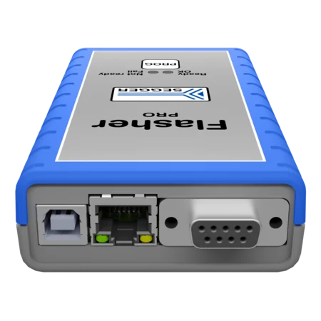 Image shows the back view of a Seagate Flasher Pro device, featuring various ports: a USB port, an Ethernet port with indicator lights, and a serial connector. The device has a grey body with a blue rubber edge, labeled with the brand name prominently displayed.
