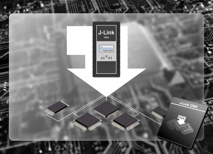 An illustration of a J-Link debugger connected to multiple microchips, demonstrating a programming or debugging process. The J-Link device is shown at the top with an arrow pointing down toward the microchips, indicating data flow. A J-Link DSK is also present on the right.
