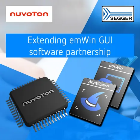 An image featuring a microchip labeled "nuvoton" alongside icons for "emWin" and "AppWizard." The text prominently states "Extending emWin GUI software partnership," highlighting a collaboration in graphical user interface software development.