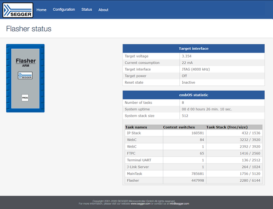Screenshot showing Flasher status of Flasher ARM via web server
