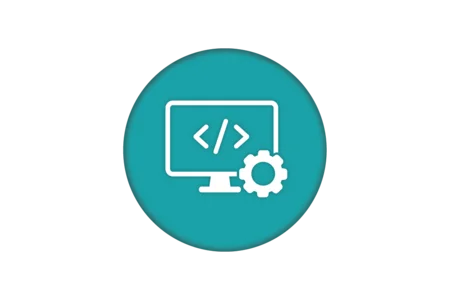 Icon featuring a computer monitor with code symbols and a gear, representing programming and software development. The background is a solid teal color.