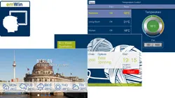 The image displays a collection of user interface screens for a system called emWin, featuring a temperature control panel, a weather forecast for Berlin, and various interactive elements for navigation and settings. The layout includes city information and time indicators.