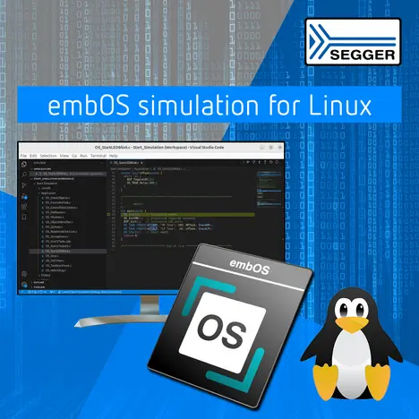 NEws graphic including Linux penguin, embOS logo and monitor showing code