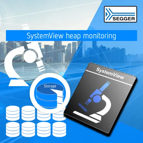 Image features a microscope graphic and a storage icon, highlighting "SystemView heap monitoring" by SEGGER. The design incorporates a blue and gray color palette with a city skyline in the background, suggesting a focus on technology and data management.