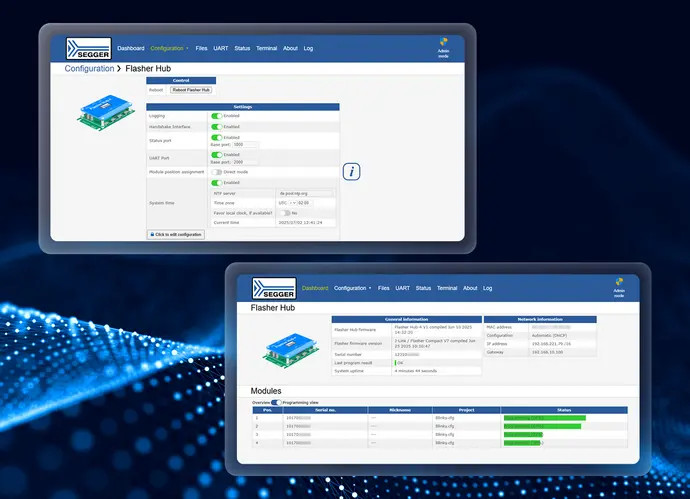 The image displays a configuration dashboard for a Flasher Hub, featuring settings for logging and UART ports. It shows system time, network information, and module status. Two panels indicate administrative options and general information, including firmware version and system uptime.