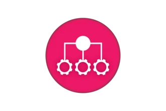 A graphic featuring a central circular icon connected by lines to three gear icons, all set against a vibrant pink background. The design symbolizes interconnected processes or mechanisms.
