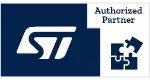 Logo of STMicroelectronics with the text "Authorized Partner" next to it, accompanied by a graphic of interlocking puzzle pieces, symbolizing collaboration and partnership.