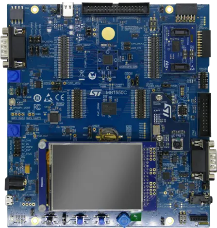 The image depicts a blue electronic circuit board labeled "MB1550C." It features various components, including connectors, microcontroller interfaces, and a blank display area. The layout includes multiple pins and ports for connecting peripherals. The overall design suggests it is intended for development or prototyping purposes.