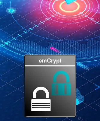 The image features a logo for "emCrypt," displaying two padlock icons—one white and one teal—against a digital background with abstract patterns and glowing elements. The design conveys themes of security and encryption.