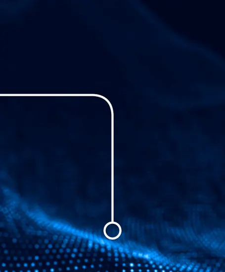 A smooth, curved white line ends in a small circle against a dark blue background with a subtle pattern of light dots, creating a modern and abstract design.