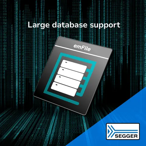PR graphic showing the emFile icon and the text "large database support"