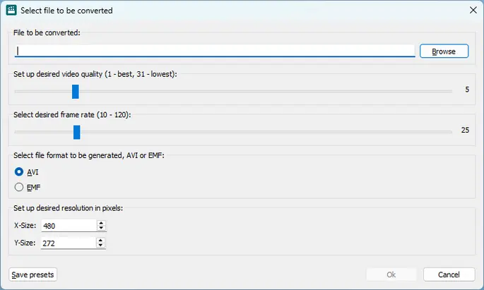 A user interface for file conversion, featuring fields for selecting a file to convert, adjusting video quality and frame rate using sliders, and options for file format (AVI or EMF). There are also input boxes for setting desired resolution in pixels.