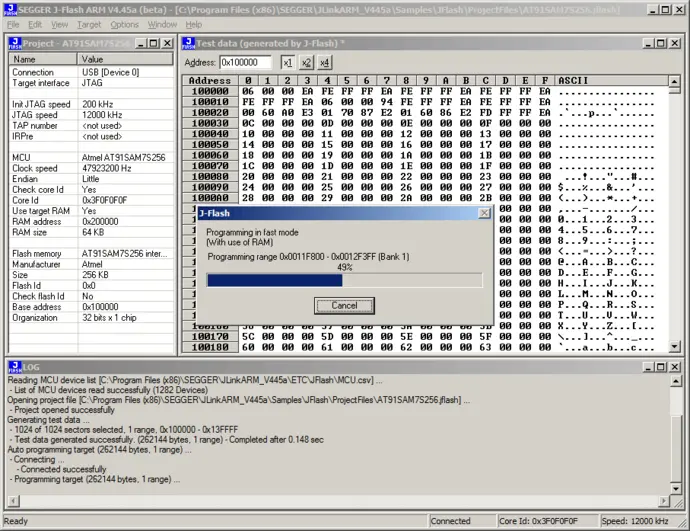 The image displays a software interface for a programming tool, showing system information about a microcontroller. A progress bar indicates that programming operations are 49% complete, along with details on the memory addresses involved. Additional logs and parameters regarding the project and settings are visible.