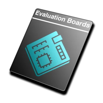 Icon representing evaluation boards, featuring a stylized circuit board design with a microchip and measurement markings, accompanied by the text "Evaluation Boards" at the top. The color scheme includes shades of blue and gray.