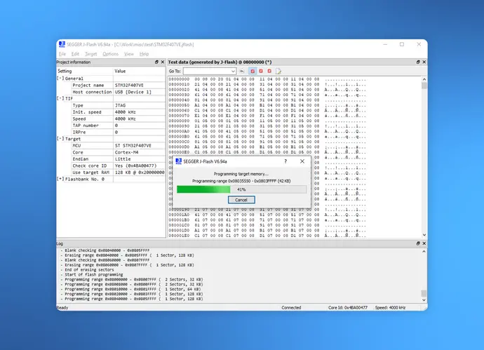 The image depicts a software interface for programming a microcontroller using SEGGER J-Flash. A progress bar indicates the programming process at 41%, with details about the target memory range being programmed. Various settings and log information are displayed on the left side of the window.