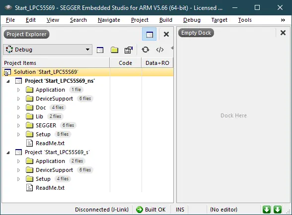 A software development environment is displayed, showing the project structure for "Start_LPC55569." The project folder includes various subfolders such as "Application," "DeviceSupport," and "Doc," along with files labeled "ReadMe.txt" and others. The interface indicates a disconnected status with a "Built OK" message.