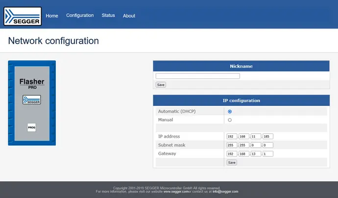 Web server showing network configuration options for Flasher PRO