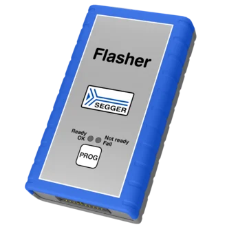 A handheld device labeled "Flasher" from SEGGER, primarily gray with blue rubber edges. It features three status indicators: "Ready" (OK), "Not ready," and "Fail," along with a "PROG" button. This device is used for programming and debugging electronics.