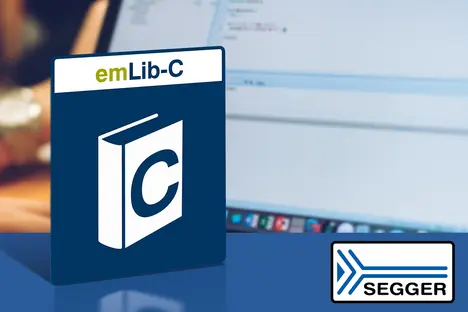 An image displaying the logo for emLib-C, featuring a stylized book with a 'C' on its cover, against a blue background. The SEGGER logo is also visible. The setting suggests a software development environment, with code visible in the background.