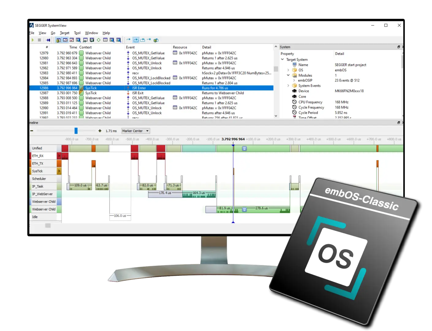 Screenshot of SEGGER SystemView software displaying a timeline of events for the embOS-Classic operating system. The interface features graphs indicating task execution times and resource locking, with detailed event lists on the screen. A logo for embOS-Classic is visible in the foreground.