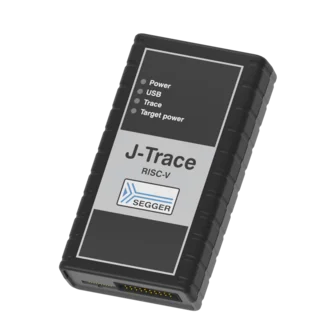 A black device labeled "J-Trace RISC-V" with indicators for Power, USB, Trace, and Target power. The logo of SEGGER is visible on the device. The design is compact and rugged, suitable for electronic testing and debugging.