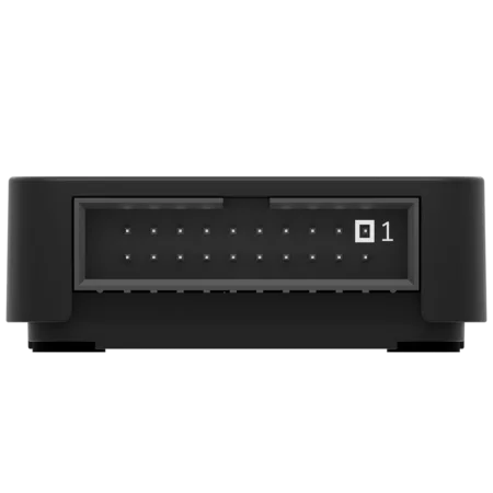 SWD isolator target side connector Close-up of a black electronic connector with multiple gold pins inside a rectangular housing. The connector is labeled with a small number "1" near the top left, indicating a specific pin or location.
