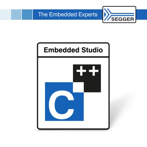 Logo of SEGGER's Embedded Studio featuring the text "Embedded Studio" and symbols representing C and C++ programming languages. The design includes a blue square with a prominent white "C," indicating its focus on embedded development.