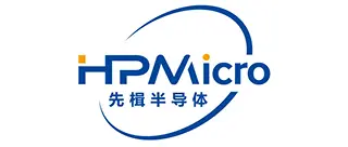 The image features the logo of HPMicro, showcasing the brand name in bold blue letters with an arched line and an orange dot. The design conveys a modern and innovative image, representing a company focused on semiconductor technology.