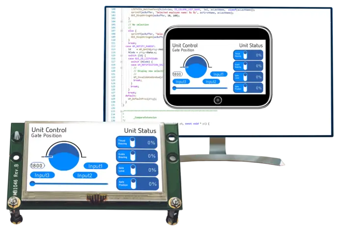 An image shows a handheld display and a monitor displaying control interfaces. The display features options for "Gate Position" and inputs labeled Input1, Input2, and Input3. Status indicators for "Thrust Bearing," "Guide Bearing," "Gate Limit," and "Gate Position" are also present, showing percentages.