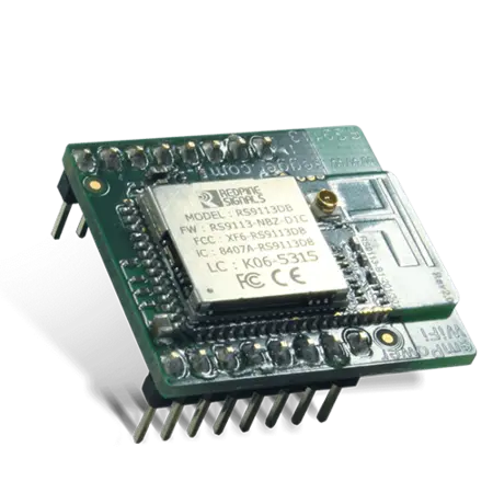 A compact electronic circuit board featuring various components, including a central chip labeled as RS9113DB. The board has multiple pins for connectivity and is designed for use in wireless applications, showcasing technical specifications on its surface.