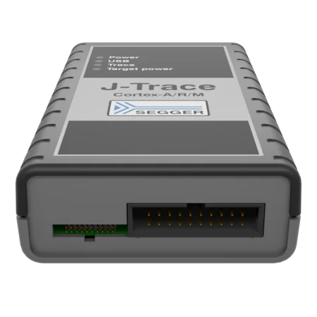 Image of a J-Trace debugging tool for Cortex-A/R/M microcontrollers. The device has indicator lights for power, USB, trace, and target power. It features a connector port on one end and is labeled with the SEGGER logo.