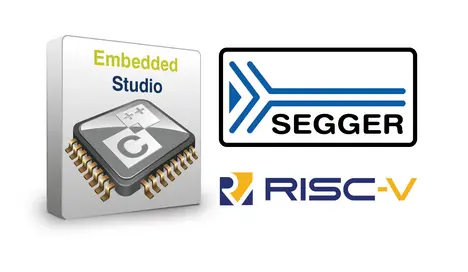 Logo graphic for Embedded Studio featuring a stylized microchip with a "C" symbol, accompanied by the SEGGER and RISC-V logos, indicating software development tools for embedded systems and support for RISC-V architecture.