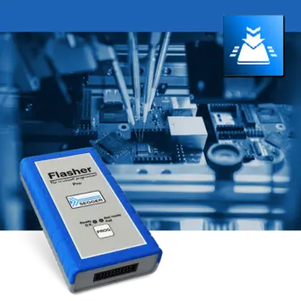 Image shows a blue and gray device labeled "Flasher" used for programming, positioned in the foreground. In the background, a close-up of a circuit board with various components is visible, suggesting a technological or engineering context.