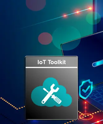 An illustration of an "IoT Toolkit" featuring a cloud symbol with a wrench and screwdriver. The background consists of abstract shapes and digital elements, suggesting a technological theme. The toolkit emphasizes tools for Internet of Things applications.