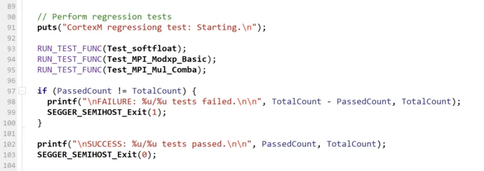 Code for regression test Code snippet showing a series of regression test functions being executed. It includes conditional statements to check if the number of passed tests matches the total, printing either failure or success messages accordingly. The last line returns 0 to indicate successful completion.