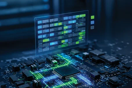 A close-up of a circuit board featuring various microchips and brightly colored data streams in blue and green. Above the board, a transparent interface displays a matrix of illuminated blocks, suggesting a theme of digital technology or data analysis.