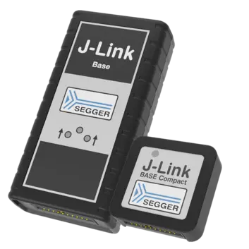 The image shows two J-Link devices: a larger rectangular module labeled "J-Link Base" and a smaller square module labeled "J-Link BASE Compact," both featuring the SEGGER logo. They have various buttons and indicators for functionality, designed for programming and debugging embedded systems.
