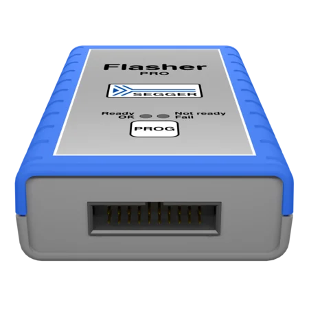 A rectangular electronic device labeled "Flasher PRO" in gray and blue, featuring three indicator lights for "Ready," "Not Ready," and "Fail." The front has a programming port with multiple pins visible. This device is used for programming embedded systems.