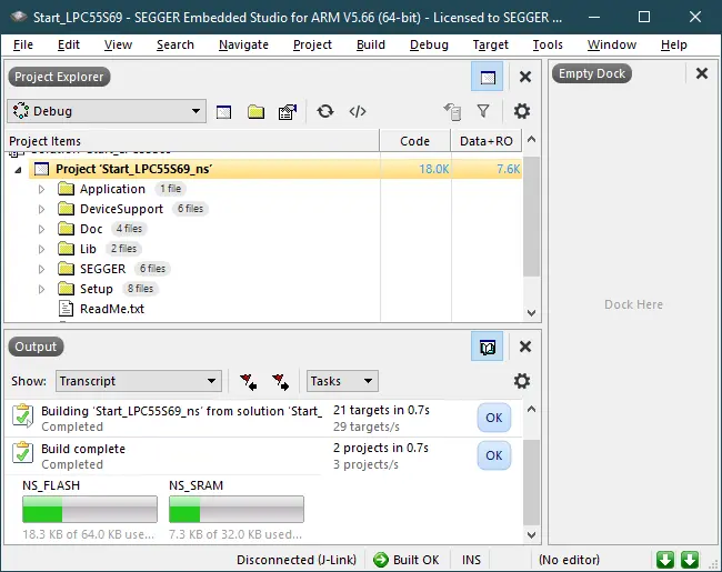 Screenshot of SEGGER Embedded Studio software displaying a project named "Start_LPC55569_ns." The Project Explorer shows files under "Application," "DeviceSupport," "Doc," "Lib," "SEGGERS," and "Setup." The Output section indicates a build process with status messages and progress bars for NS_FLASH and NS_SRAM.
