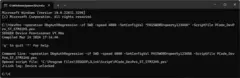 Command prompt window displaying a series of commands and outputs related to device provisioning. It includes a specified script file, a password, and indicates that the device has been unlocked. The prompt is ready for further commands.
