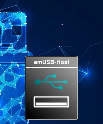The image features a digital graphic of the "emUSB-Host" logo, highlighting a USB connection. The background includes a network of interconnected lines and nodes, representing technology and connectivity. The design emphasizes the functionality and significance of USB hosting in digital applications.
