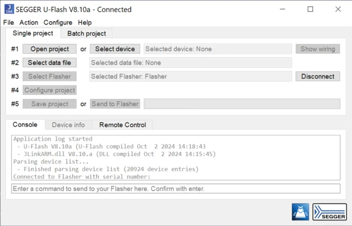 Screenshot of the SEGGER U-Flash V8.10a software interface, displaying options to open a project, select a device, data file, and flasher. The console area shows application logs and device information, indicating connection to a flasher with a serial number.
