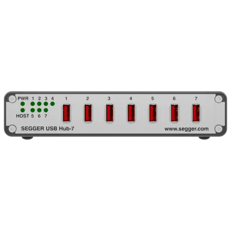 Image of a SEGGER USB hub featuring seven USB ports. Four LED status indicators are present on the left side, with labels indicating power and host connections. The hub is designed for connecting multiple USB devices. The manufacturer's website is displayed at the bottom right.