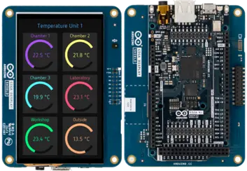 The image displays an Arduino board next to a touchscreen display. The display shows temperature readings for various locations: Chamber 1 (22.5°C), Chamber 2 (21.8°C), Chamber 3 (19.9°C), Laboratory (23.1°C), Workshop (23.4°C), and Outside (13.5°C).