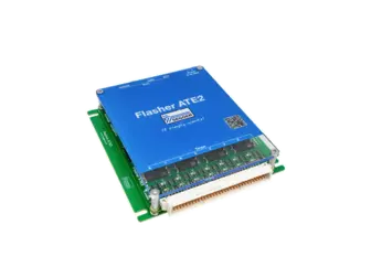 Image of a blue electronic device labeled "Flasher ATE2" on the top. The device features various connectors and a green circuit board base. It is designed for programming and debugging microcontrollers, emphasizing ease of use with the tagline "It simply works!"